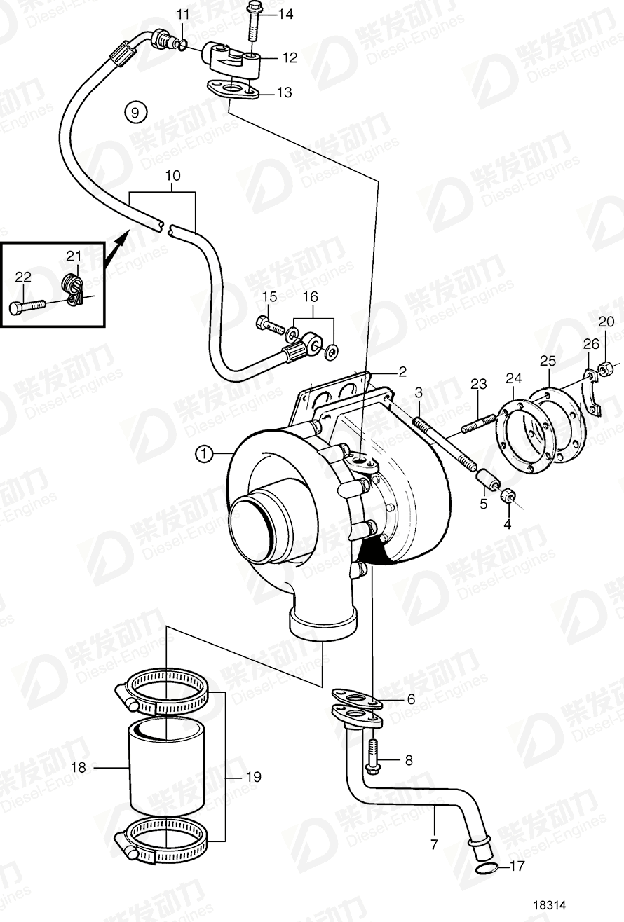 volvo penta Oil feed hose 3830980 Drawing volvo penta Oil feed hose 3830980 Drawing